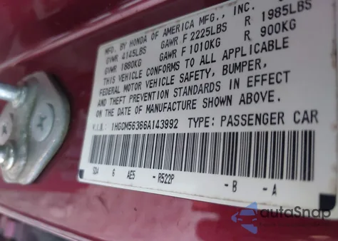 2006 Honda Accord 2.4 Se from USA, damaged, VIN 1HGCM56366A143992